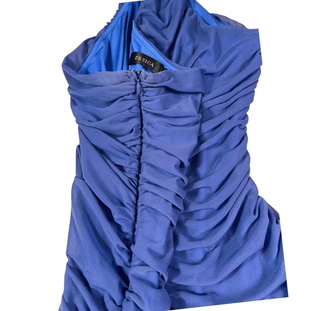 ZESICA Blue One Shoulder Ruched Mesh‎ Midi Dress Bodycon Cocktail L - Picture 13 of 15